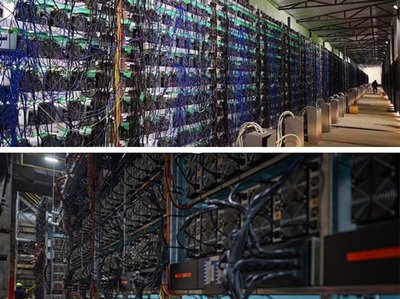 A vast Bitcoin mining farm with rows of mining rigs.