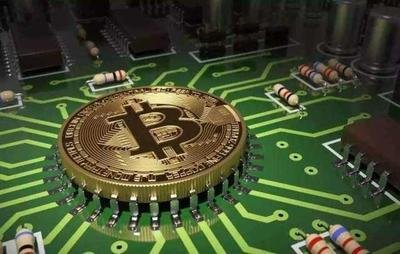 Row of mining rigs operating inside a large cryptocurrency mining farm